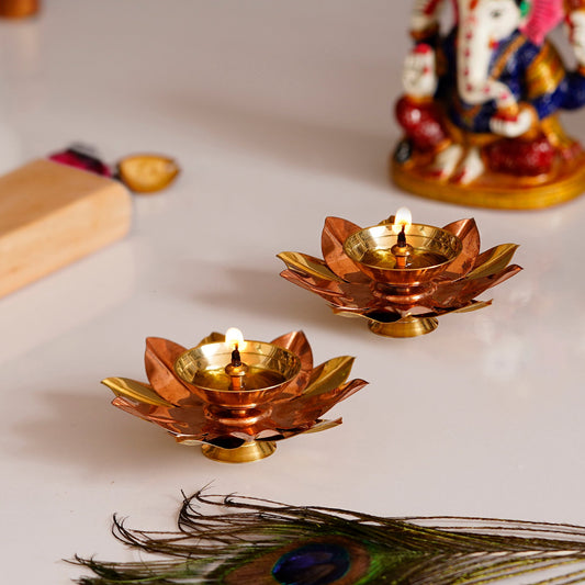 eCraftIndia Set of 2 Floral Shape Metal Diya - Myhomebazaar
