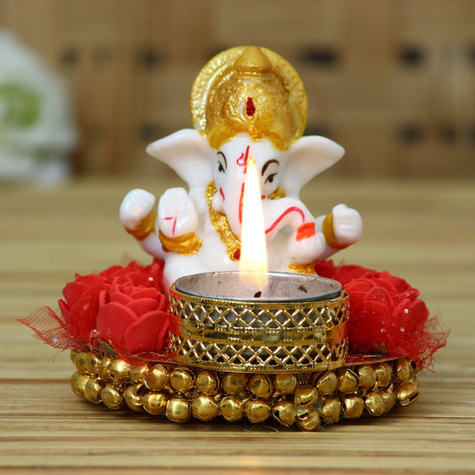 Lord Ganesha Idol on Decorative Plate with Tea Light Holder (eCraftIndia) - Myhomebazaar