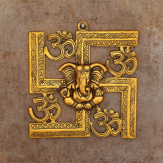 Lord Ganesha on Om Swastik Metal Golden Wall Hanging (By eCraftIndia) - Myhomebazaar