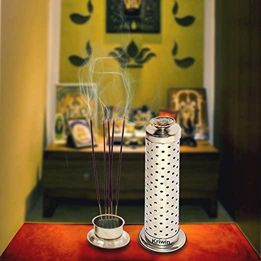Metal Agarbatti Stand With Dhoop Holder (Silver)(Cylindrical) - Myhomebazaar
